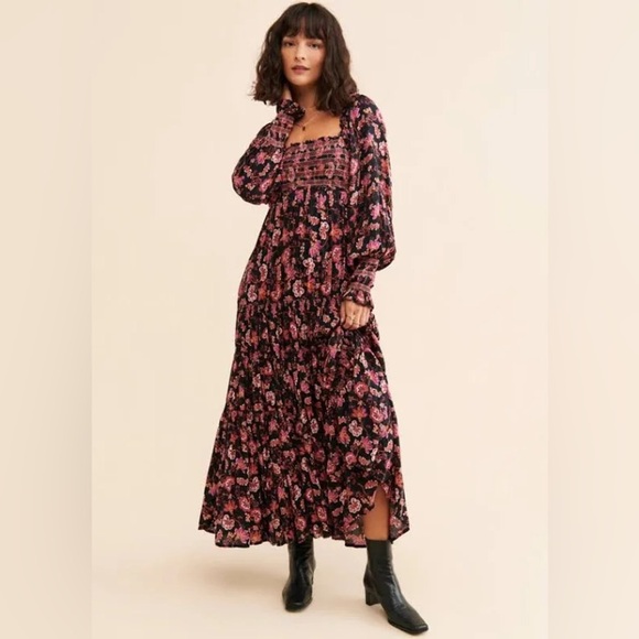 Free People Sweet Escape Floral Long Sleeve Boho Smocked Bodice Maxi Dress M - Picture 7 of 10